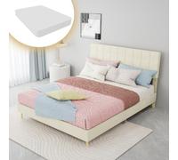 Zenithpath Lit moderne en tissu beige foncé avec tête de lit légère et luxueuse à carreaux doux, petite taille, chambre principale, deuxième chambre à coucher, lit double, dimensions du matelas : 140