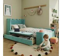 Zenithpath Lit simple capitonné, plateau latéral pliable, tiroir de rangement, chat anti-collision doux, velours français, bleu sarcelle, 90 x 200 cm