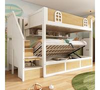 Zenithpath Lit superposé 90 x 200 cm, lit pour enfant, lit hydraulique, avec armoire d'escalier et espace de rangement, lit superposé double avec garde-corps de sécurité et sommier à lattes, lit pour