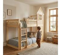 Zenithpath Lit superposé pour enfant, 2 fenêtres exquises, belles formes de maison, escalier à trois niveaux, clôture sur tous les côtés, pin + MDF, naturel, 90 x 200 cm
