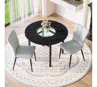 Zenithz Ensemble de salle à manger rond 100 cm aspect bois noir avec incrustation en verre, 2 fauteuils en cuir synthétique gris clair, petite table à manger avec étagère et pieds en métal, ensemble
