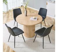 Zenithz Ensemble de salle à manger rond 100 cm aspect chêne avec 4 chaises noires - Design scandinave - Table à colonnes avec pied à lamelles et chaises en cuir synthétique - Ensemble moderne pour