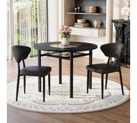 Zenithz Ensemble de table à manger 3 pièces ronde 100 cm noir, 2 fauteuils de luxe en cuir synthétique avec dossier incurvé, petite table à manger avec plateau en verre et étagère, ensemble de table