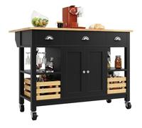 Zenithz Grand îlot de cuisine noir 129 cm, chariot de cuisine avec étagères de porte et aspect bois massif, chariot de service pliable, roulettes ou pieds au choix, buffet de cuisine