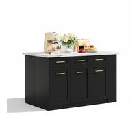 Zenithz Îlot de cuisine de luxe XXL noir (150 cm) avec table à manger extensible et plan de travail aspect marbre, grand bloc de cuisine autoportant, beaucoup d'espace de rangement (utilisable des