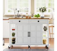 Zenithz Îlot de cuisine sur roulettes avec plan de travail pliable (120 x 65 cm), grand chariot de cuisine avec 6 étagères latérales et meuble bas, chariot de service avec 2 tiroirs et 5 roues, blanc