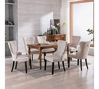 Zenithz Lot de 2 chaises de salle à manger en lin beige avec heurtoir chromé - Rembourrées et tête à clous - Pieds en bois d'hévéa élégantes