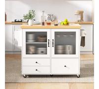 Zenithz Petit îlot de cuisine blanc avec porte en verre mat (100 cm), chariot de cuisine extensible scandinave, chariot de service avec porte-verres à vin et étagère à épices, minibar compact