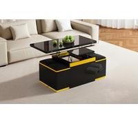 Zenithz Table Basse Relevable et Extensible Transformable en Table à Manger - Noir et Jaune - avec 4 Tabourets Coffres de Rangement - Plateau Pliant Multifonction pour Salon et Bureau - 100x50x43cm