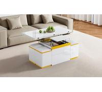 Zenithz Table Basse Relevable Multifonction avec 4 Tabourets de Rangement - Table de Salon Extensible en Table à Manger - Design Moderne Blanc et Jaune - Grand Espace de Stockage - 100 x 50 x 43 cm