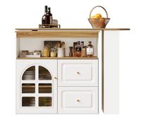 Zenithz Table de bar pivotante blanche avec verre arqué (138-204 cm), îlot de cuisine extensible en forme de L, buffet avec vitrine et étagère à collations, séparateur de pièce moderne, poignées