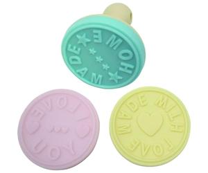 Zenker 44812 Lot de 3 tampons à pâtisserie, tampon pour biscuits, tampon de pâtisserie, Plastique, Silicone, Bleu, Jaune, Rose, 6 x 6 x 7 cm