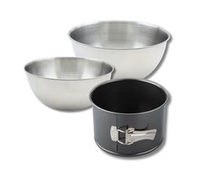 Zenker 9369550 Set 4 pièces Moule à Panettone 18 x 10 cm à Charnière, Layer Cakes, Antiadhésif ILAG Premium, 2 Bols à Mixer Acier Inoxydable 20,5 et 25 cm, Spatule à Pâtisserie Silicone, Noir, Rose