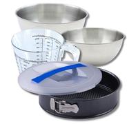 Zenker 9372150 Set à Pâtisserie Moule à Manqué 26 cm à Charnière, Couvercle Transport, Antiadhésif ILAG sans PFOA, 2 Bols Inox 20,5 et 25 cm, Verre Mesureur Plastique 1 L, Spatule Silicone, Noir, Inox