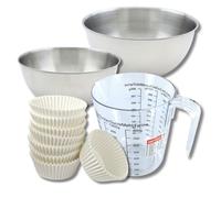 Zenker 9372650 Set Pâtisserie avec 100 Moules à Muffins en Papier, Caissette Cupcakes, Bols à Mixer Acier Inox 20,5 et 25 cm, Verre Mesureur Plastique 1 L, Spatule Silicone, Blanc, Inox, Rose