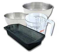 Zenker 9377350 Set à Pâtisserie Moule à Cake 31,5 cm, Silicone Fibre de Verre, Gâteaux, Brioches, Pains, 2 Bols Inox 20,5 et 25 cm, Verre Mesureur Plastique 1 L, Spatule, Noir, Rose