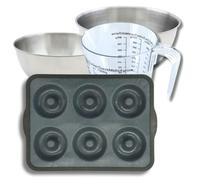 Zenker 9377950 Set à Pâtisserie Moule à 6 Donuts 36 x 26 cm, Silicone Fibre de Verre, Beignets, 2 Bols Inox 20,5 et 25 cm, Verre Mesureur Plastique 1 L, Spatule, Noir