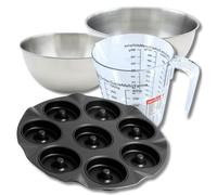 Zenker 9379450 Set avec Moule à 8 Beignets 33 cm en Acier Antiadhésif ILAG Ultimate sans PFAS, pour Donuts, Bagels, Gâteaux, 2 Bols Inox 20,5 et 25 cm, Verre Mesureur Plastique 1 L, Spatule, Noir