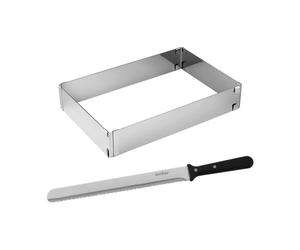 Zenker 9925450 Cadre à gâteau rectangle réglable et couteau, cadre extensible, moule à gâteau rectangle, Acier inoxydable, Argent, 27,5-52 x 18,5-34 cm