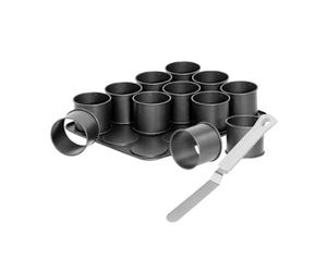 Zenker 9926850 Plaque pâtisserie avec 12 mini moules ronds et spatule à glacer, 12 mini moule à flan avec spatule, 12 petits moules gâteaux hauts, plaque cuisson, Acier, Plastique, 38 x 30 cm et 23 cm