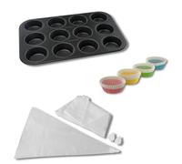 Zenker 9983850 Ensemble de 3 ustensiles de pâtisserie spécial muffins, moule avec 12 empreintes, moules en papier, poche à douilles, Acier, Papier, Plastique, noir, transparent, coloré, De 5 à 38,5 cm