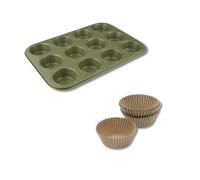 Zenker 9983950 Ensemble pour cuisson des muffins eco friendly plaque 12 empreintes et lot de 40 moules en papier, Acier, cire de carnauba, Papier, Vert, Brun, 38,5 et 7 cm
