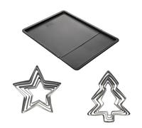 Zenker 9987550 Ensemble plaque à pâtisserie extensible avec 5 emporte-pièces étoiles et 5 emporte-pièces sapins, biscuits de Noël, sapin, étoiles, Acier Inoxydable, Noir, Inox, De 9,5 à 52 cm