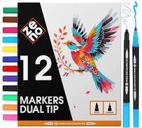 ZENO 12 Feutres Coloriage Adulte - Feutre Double Pointe avec Pointe Fine & Pinceau - Dessin, Croquis, Coloriage, Manga, Mandala, Aquarelle - Sans Trace, Crayon Feutre Adulte