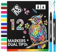 ZENO 12 Feutres Coloriage Adulte - Sans Trace, Crayon Feutre Adulte - Feutre Double Pointe avec Pointe Fine & Pinceau - Dessin, Croquis, Coloriage, Manga, Mandala, Aquarelle