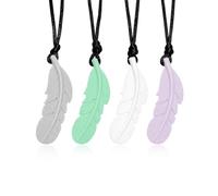 ZenoScope | Lot de 4 Colliers de Mastication Silicone | Pendentifs Plume (Blanc, Gris, Vert, Violet) | Jeu Sensoriel Machouilleur Enfant TDAH 2-6 Ans pour Calmer l'Anxiété & Motricité Orale