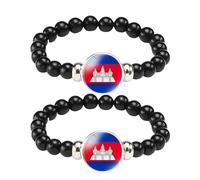 ZENRUIMING Lot de 2 bracelets avec drapeau du Cambodge - Fait à la main - Réglable - Perles noires - En cristal - Souvenir de voyage, Adjustable, Résine Verre, Pas de gemme