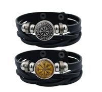 ZENRUIMING Lot de 2 bracelets en cuir multirangs faits à la main scandinave Viking boussole rune celtique païen Taille unique Cuir sans pierre précieuse, One Size, Cuir, Pas de gemme