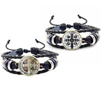 ZENRUIMING Lot de 2 bracelets en cuir vintage avec médaille de saint Benoît catholique en verre pour homme et femme, One size, Cuir, Sans pierre précieuse