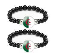 ZENRUIMING Lot de 2 bracelets en perles noires avec drapeau de l'Algérie fait à la main, bracelet élastique réglable, bijoux africains, souvenir du tourisme algérien, Adjustable, Résine Verre, Pas de