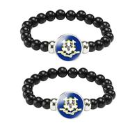 ZENRUIMING Lot de 2 bracelets en perles noires avec drapeau de l'État de CONNECTICUT, réglables et faits à la main