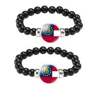 ZENRUIMING Lot de 2 bracelets en perles noires avec drapeau de l'État de Géorgie - Réglable - Fait à la main - Bracelet élastique