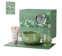 ZENS Matcha Kit 6 pièces, Ensemble de fouets à matcha pour préparer un latte, Fouet en bambo avec bol, cuillère, tamis 304 et tapis à thé pour Matcha Cérémonie du Thé, vert Coffret cadeau