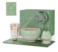 ZENS Matcha Kit 6 pièces, Ensemble de fouets à matcha pour préparer un latte, Fouet en bambo avec Sakura bol, cuillère, tamis 304 et tapis à thé pour Matcha Cérémonie du Thé, vert Coffret cadeau