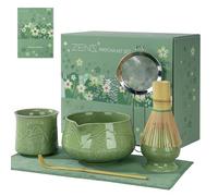 ZENS Premium Matcha Kit avec Tasse Fleurie, 7 pièces matcha set Rose | céramique matcha set avec Fouet Bambou, bol à Matcha, Support, cuillère et tamis & tapis à thé pour préparer un