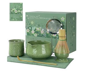 ZENS Premium Matcha Kit avec Tasse Fleurie, 7 pièces matcha set Rose | céramique matcha set avec Fouet Bambou, bol à Matcha, Support, cuillère et tamis & tapis à thé pour préparer un