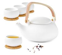 ZENS Theiere avec infuseur, Théière en japonaise avec 4 tasse pour le thé en vrac, blanc céramique Théière avec filtre en acier inoxydable 304 pour les fleurs Thé, manche en bois moderne