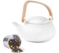 ZENS theiere avec infuseur,Théière en japonaise pour le thé en vrac, 800ml Small céramique Théière avec filtre en acier inoxydable 304 Blanc mat théière Cadeau avec manche en bois moderne