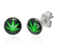 Zense - Boucles d'oreilles homme acier inoxydable noir et vert motif feuille de cannabis ZE0042