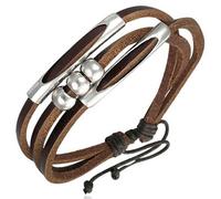 Zense - Bracelet Homme Ajustable Cuir Marron Boules Cylindres Acier Zb0092