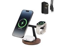 ZenStand Chargeur magnétique sans fil, compatible avec iPhone et Apple Watch, compatible avec MagSafe, design en bois de noyer, 15 W max, doux au toucher, station de charge sans fil (ensemble avec
