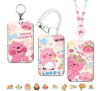 ZenyTra Capybara Kit 3 en 1 pour carte d'identité et porte-billet | Design rose avec compartiment métro, collier réglable & bande à ressort | Avec 25 autocollants Capybara pour l'école, le bureau et