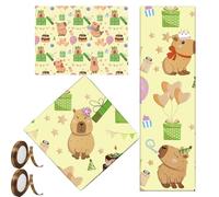 ZenyTra Capybara Lot de 4 feuilles de papier cadeau - Motifs Capybara mignons (50 x 70 cm) avec ruban cadeau de 44 m - Emballage cadeau animal mignon pour anniversaire d'enfant, fête à thème et