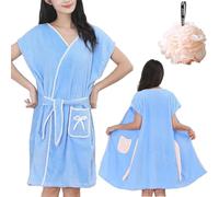 ZenyTra Ensemble de peignoirs pour femme avec ballon de douche, 96 x 135 cm, serviette de sauna douce et absorbante avec poches, pour spa, spa, spa, bleu