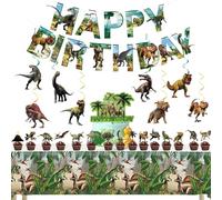 ZenyTra Kit complet de décoration d'anniversaire dinosaure, avec nappe, 34 pièces, bannière Happy Birthday, décorations de gâteau, spirales suspendues et décoration de dinosaure, pour fête à thème