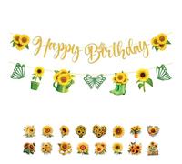 ZenyTra Kit d'anniversaire tournesols - Guirlande Happy Birthday et 20 autocollants tournesols transparents - Décoration florale pour adultes, enfants, fête prénatale, fête d'été et fête de jardin